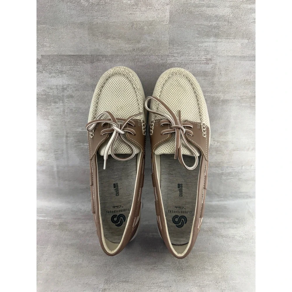 Clarks Cloudsteppers Women Boat Shoes Cream Brown Loafers 261260304060 Size 8.5M